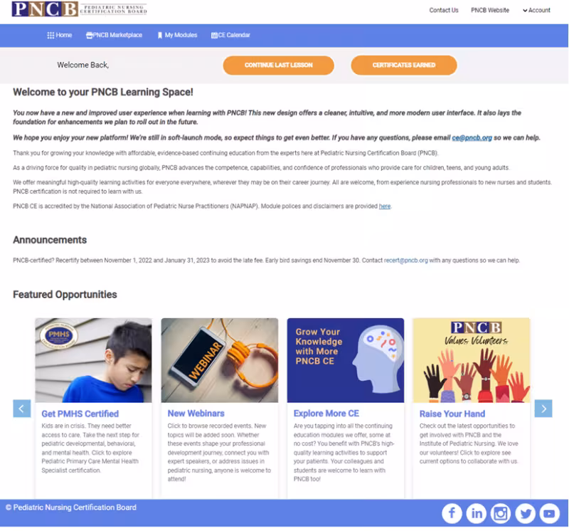 Screenshot of updated learning center showing landing page features