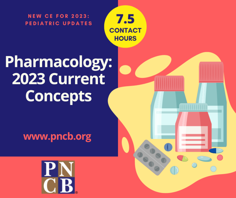 Cartoon Medicine and Medication Bottles on a blue and pink background advertising PNCB's 2023 Pharmacology Current Concepts Module