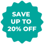 ID: Teal seal circle with white text reading "Save up to 20% off"