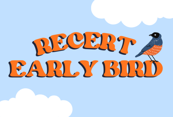 Text reads “RECERT EARLY BIRD” in bold orange letters with a bird perched on the word “BIRD” against a blue sky with clouds.