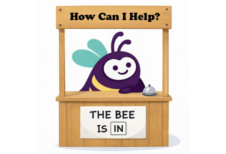 A friendly cartoon bee with teal wings sits behind a small wooden help desk. A sign above reads 'How Can I Help?' and a sign on the front of the desk says 'THE BEE IS IN'. The bee rests one arm on the counter next to a small silver service bell.